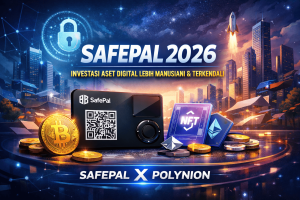 Ilustrasi SafePal 2026 sebagai hardware wallet kripto dengan Bitcoin, Ethereum, NFT, dan teks SAFEPAL X POLYNION berlatar kota futuristik.